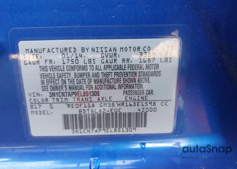 2014 Nissan Versa 1.6 S+ from USA, damaged, VIN 3N1CN7AP9EL851309